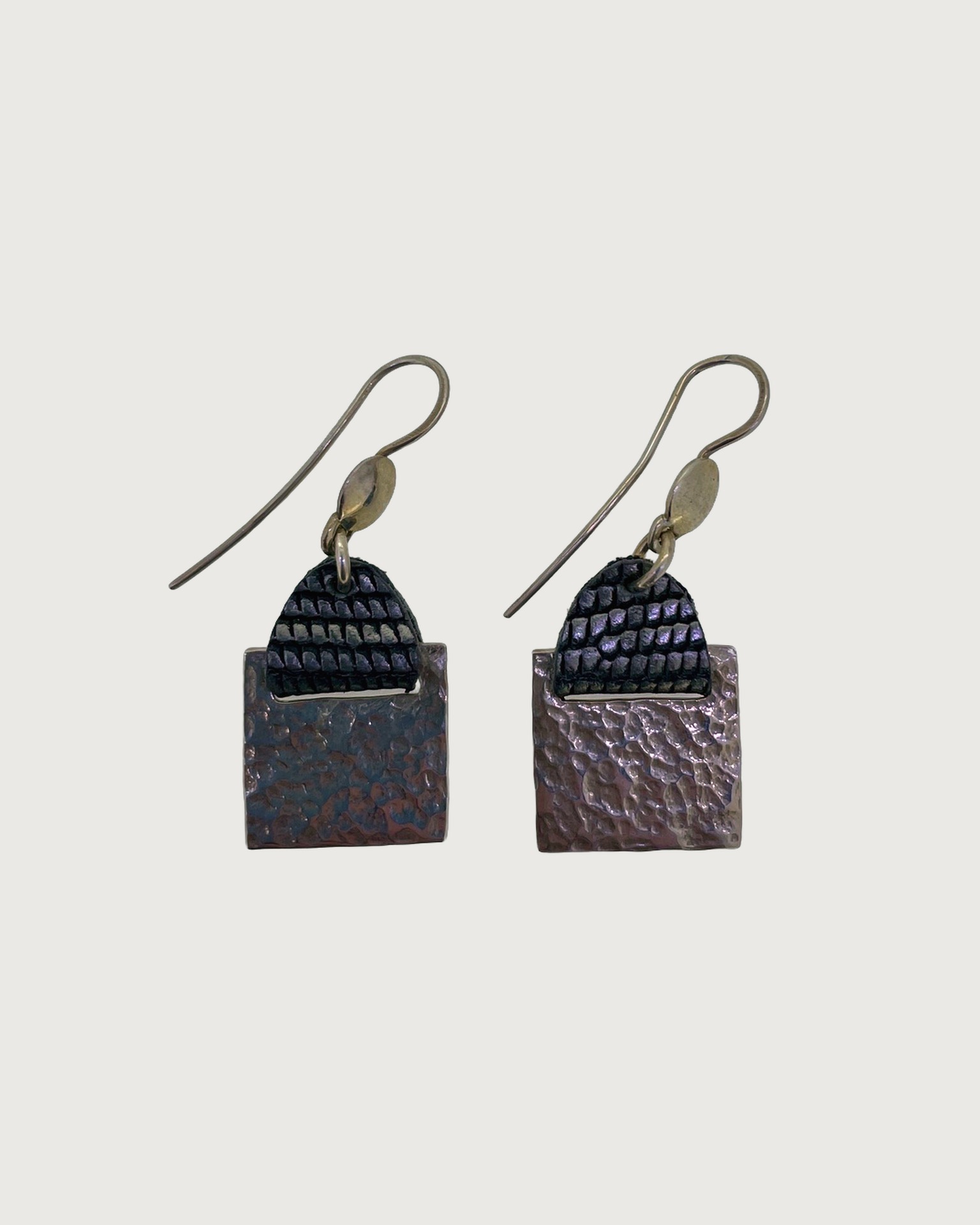Silver Square Drop Earrings with Leather Detail, Textured square drop earrings with leather detail. Weight: 7.4 g.