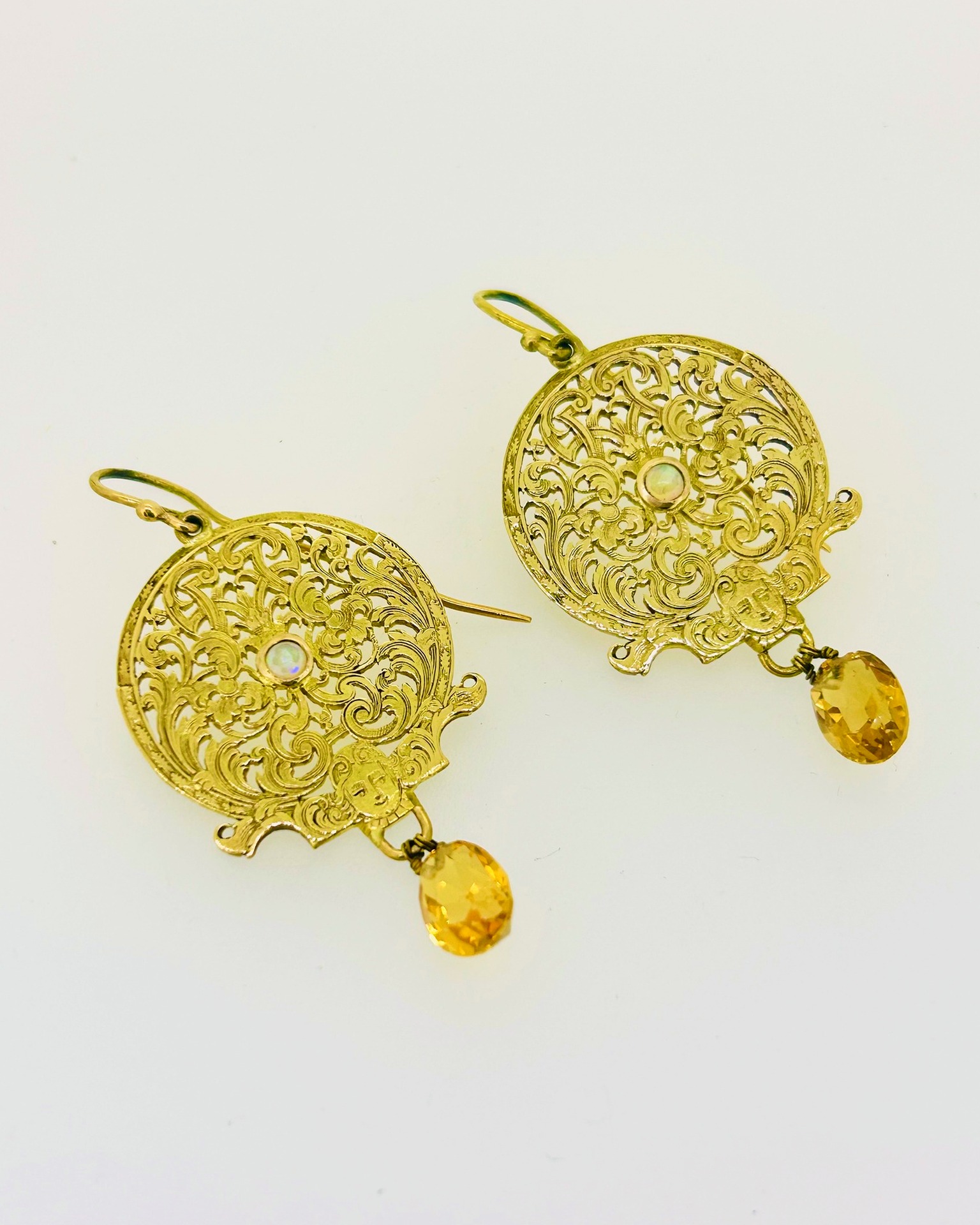 18-carat Yellow Gold Opal and Citrine Drop Earrings, Openwork drop earrings with opal centres and citrine drops.