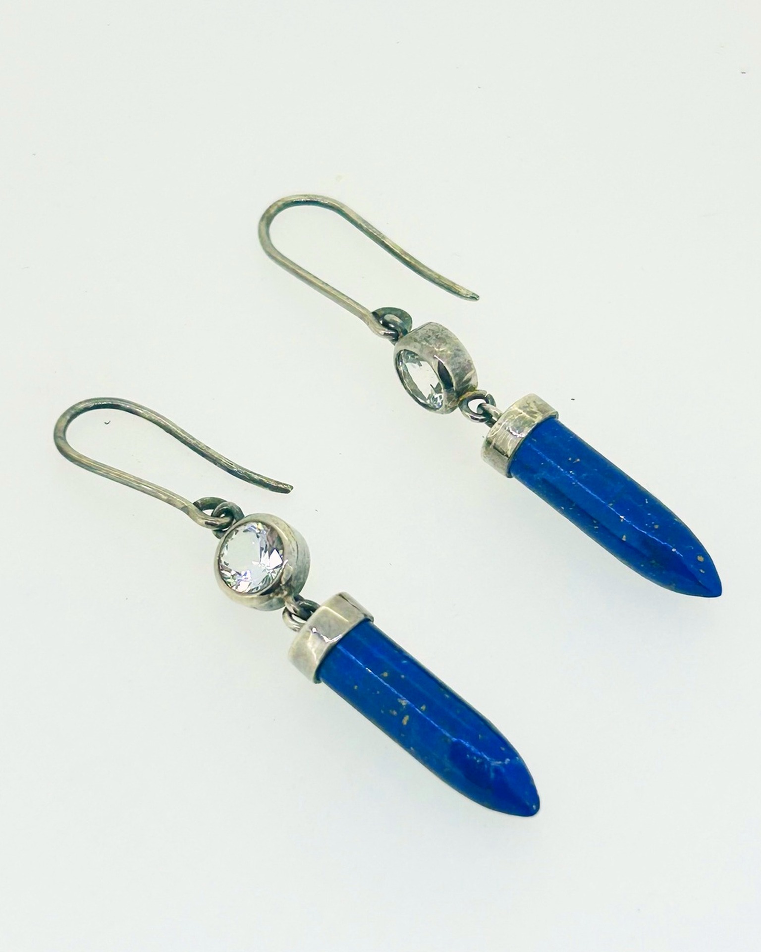 Silver Lapis and White Stone Drop Earrings, Drop earrings with lapis and white stone accents.