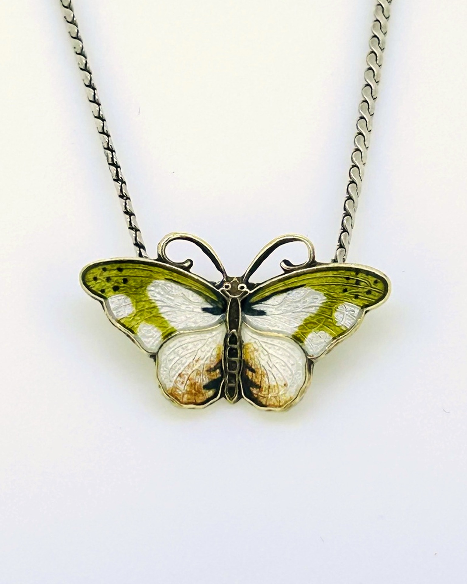 Silver guilloche enamel butterfly pendant by H. Prydz, Butterfly pendant in silver and guilloche enamel.