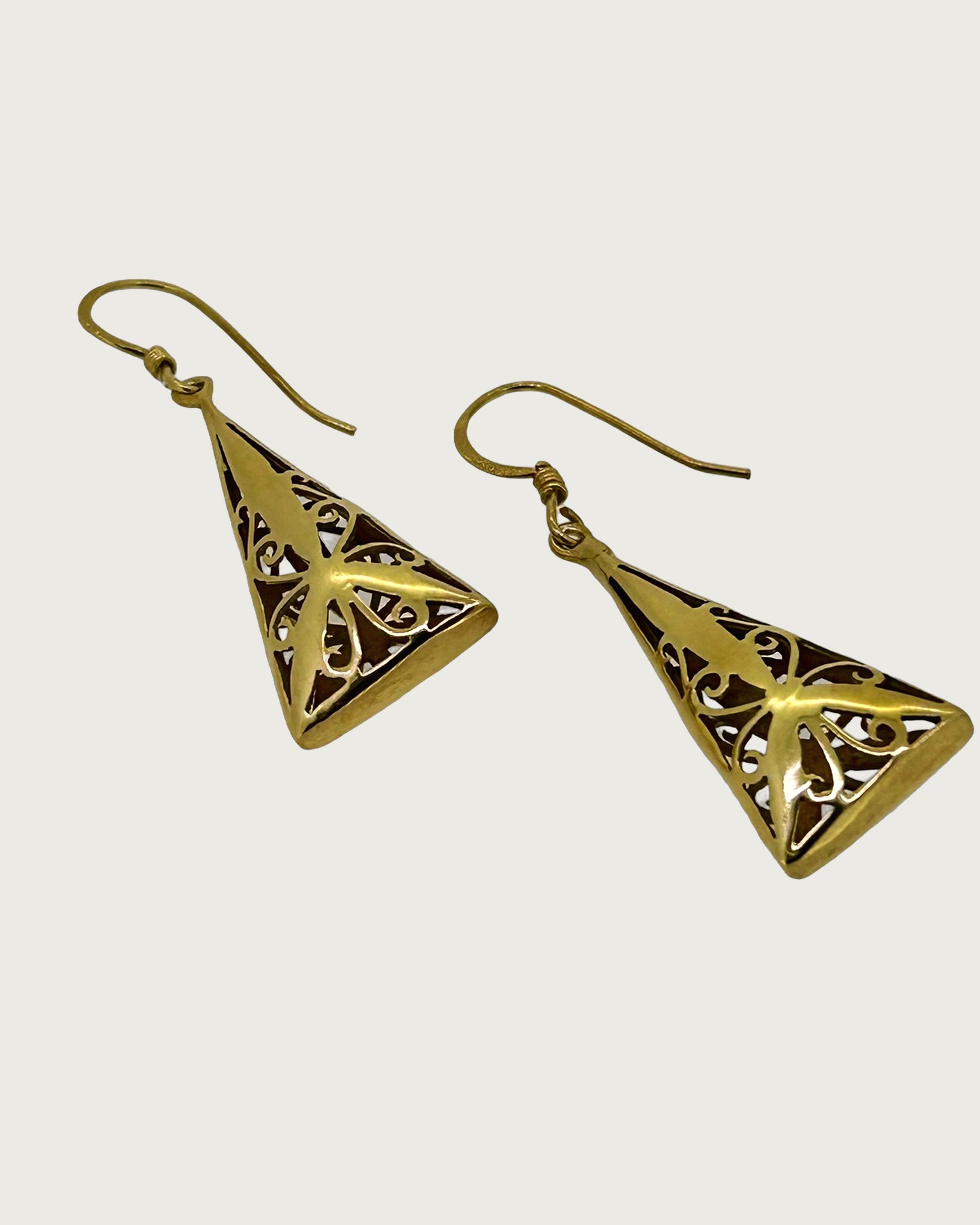 Silver gilt triangular filigree drop earrings, Openwork triangular drop earrings with hook fittings.