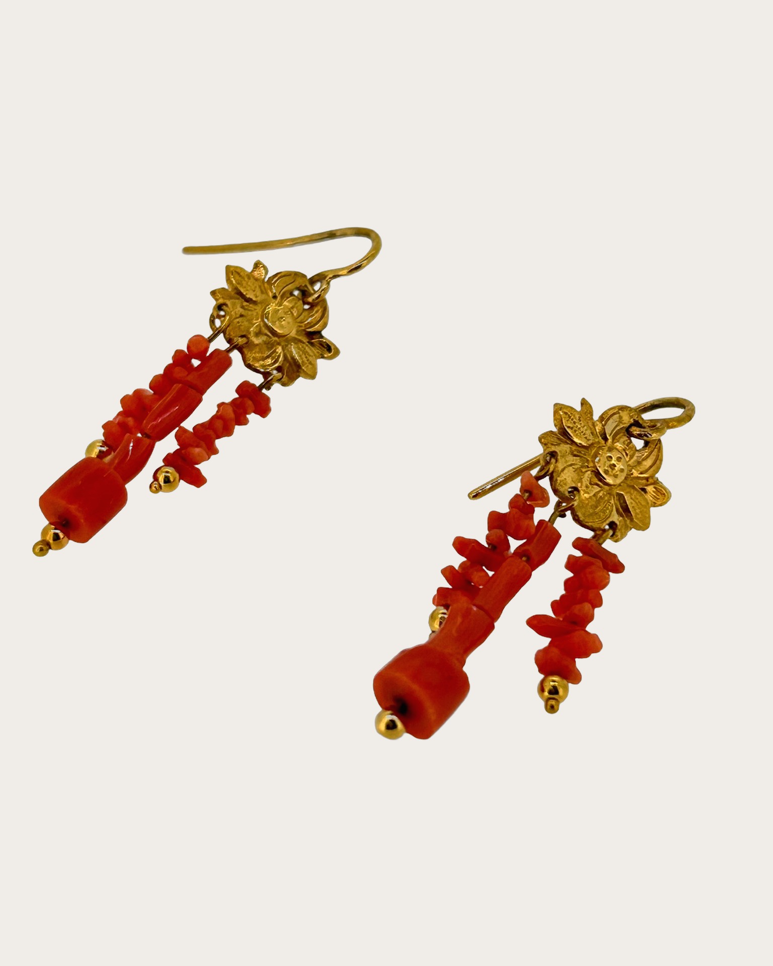18-carat Yellow Gold Chinese Flower Coral Earrings, Chinese flower design with red coral drops.